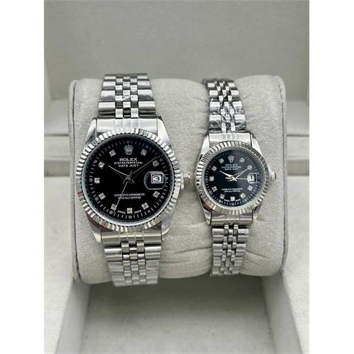 ست ساعت رولکس بند استیل نقره ای صفحه مشکی - کد 122