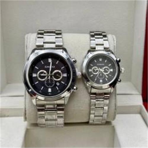 ست ساعت کاسیو بند استیل نقره ای صفحه مشکی - کد 197