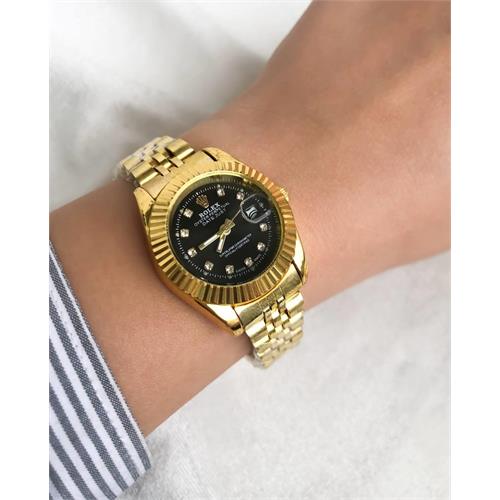 ساعت رولکس بند استیل طلایی صفحه مشکی زنانه - کد 118